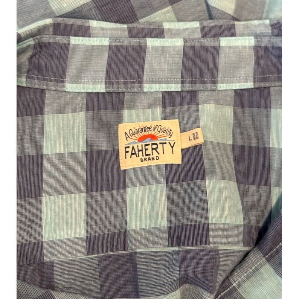 Faherty Mens Button Up Shirt Blue Ventura Short Sleeve Linen Plaid Stretch Large - Picture 4 of 10